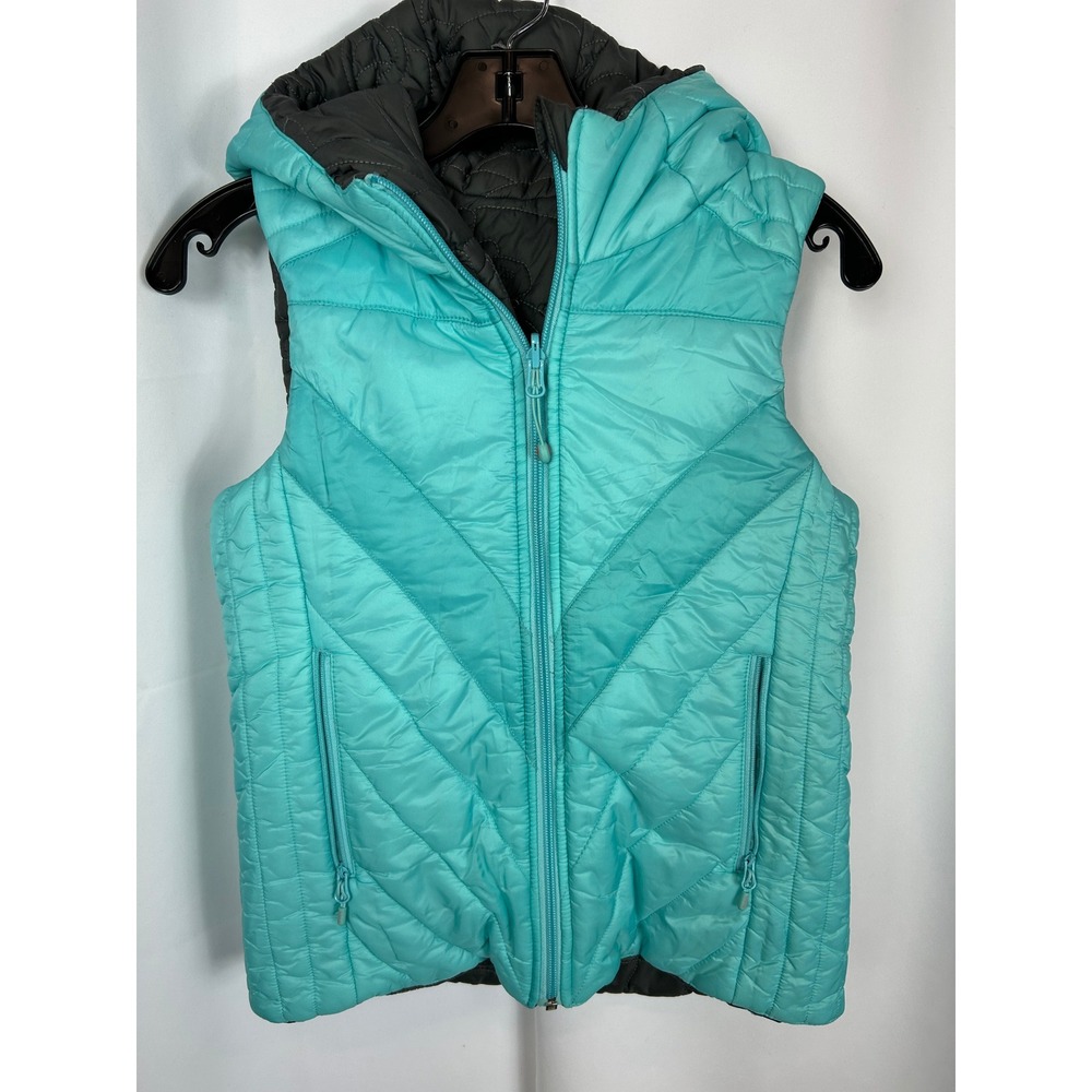Ivivva Reversible Turquoise Grey Quilted Puffer Vest Hooded Activewear Size 14